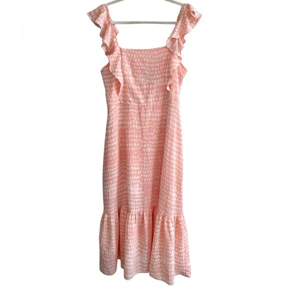 BCBG Paris Peach Pink Ruffle Dot Print Midi Dress Size Medium - Picture 6 of 15
